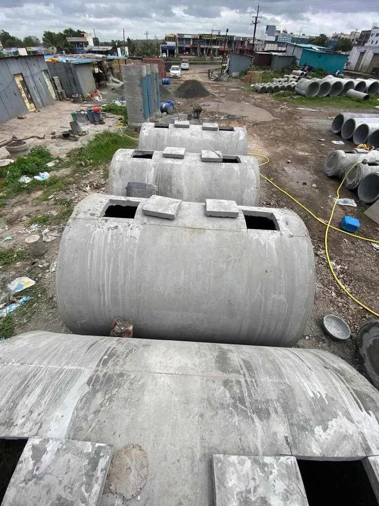 Precast septic tanks lined up in the Gurukrupa Enterprises yard